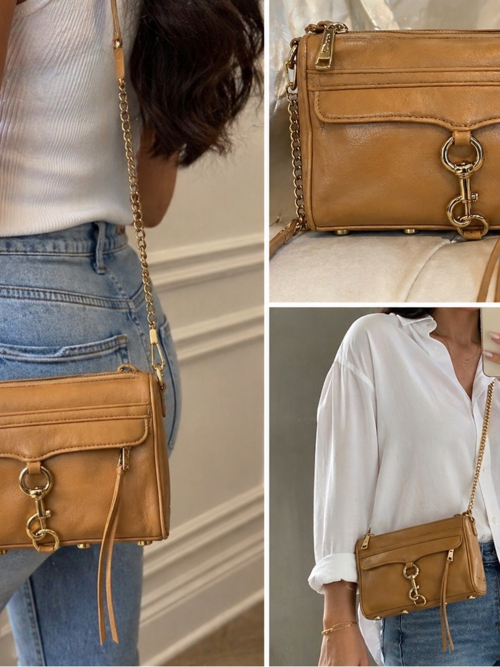 Rebecca Minkoff Tan Leather Crossbody with Gold Chain